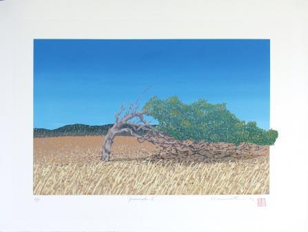 Screenprint landscape depicting a single leaning tree in Greenough 