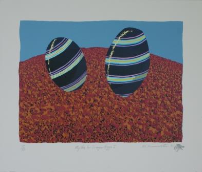 Two black eggs with green and purple stripes on a red and blue background