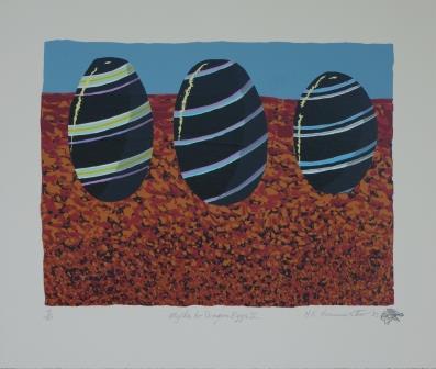 Three black eggs with blue and green stripes on a red and blue background