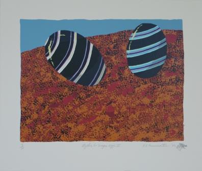 Two black eggs with blue and purple stripes on a red and blue background