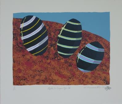 Three black eggs with purple, yellow, green and blue stripes on a red and blue background