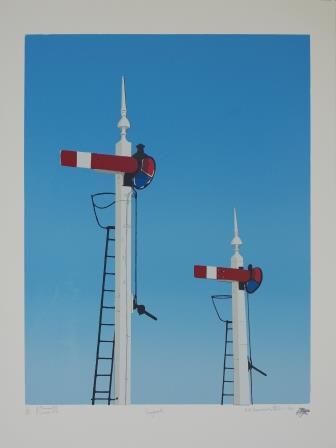 Image depicting the tops of two semaphore signals on a blue sky background