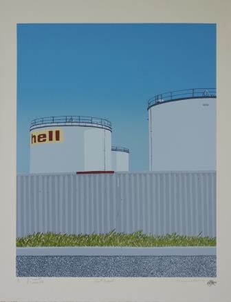 Image of grey fence and three white fuel tanks behind the fence, one tank has the Shell logo. Below the fence is a strip of road, curb and green grass. Blue sky background.