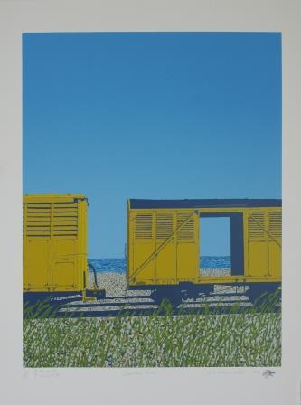 Image depicting two yellow boxcars of a freight train, one of the cars is open and can be seen through. Green grass and blue sky as background