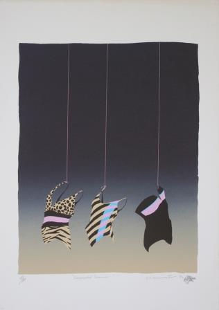 Three one-piece swimsuits hanging from string on a gradient pale yellow to black background. The right swimsuit is leopard print, the middle is yellow and brown striped, and the right is black.  