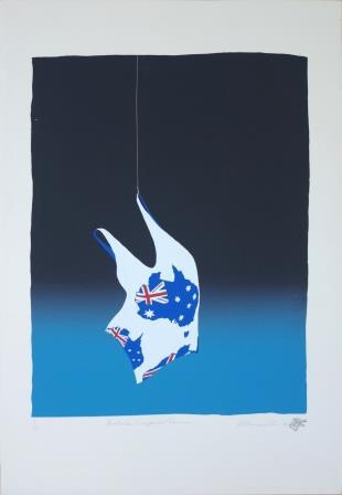 Single one-piece swimsuit hanging from string in the centre of the image. The swimsuit is white with image of Australia coloured with the Australian flag on the front of the swimsuit. The background is a gradient from blue to black