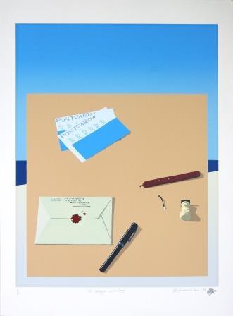 Postcards, envelope, pens, burnt match and chess piece on a brown square, what could be a desk, with a blue and white background