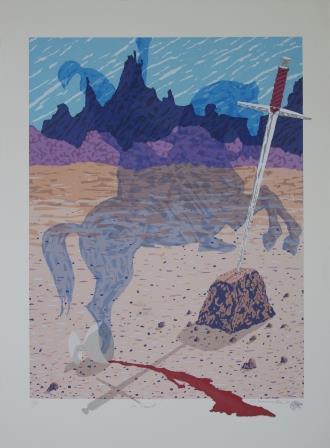 Blue silhouette of a knight on a rearing horse. Blue sky with purple silhouetted mountains and brown, desert like ground. A sword in a brown rock features in the right foreground and a silver goblet tipped over spilling red features in the left foreground