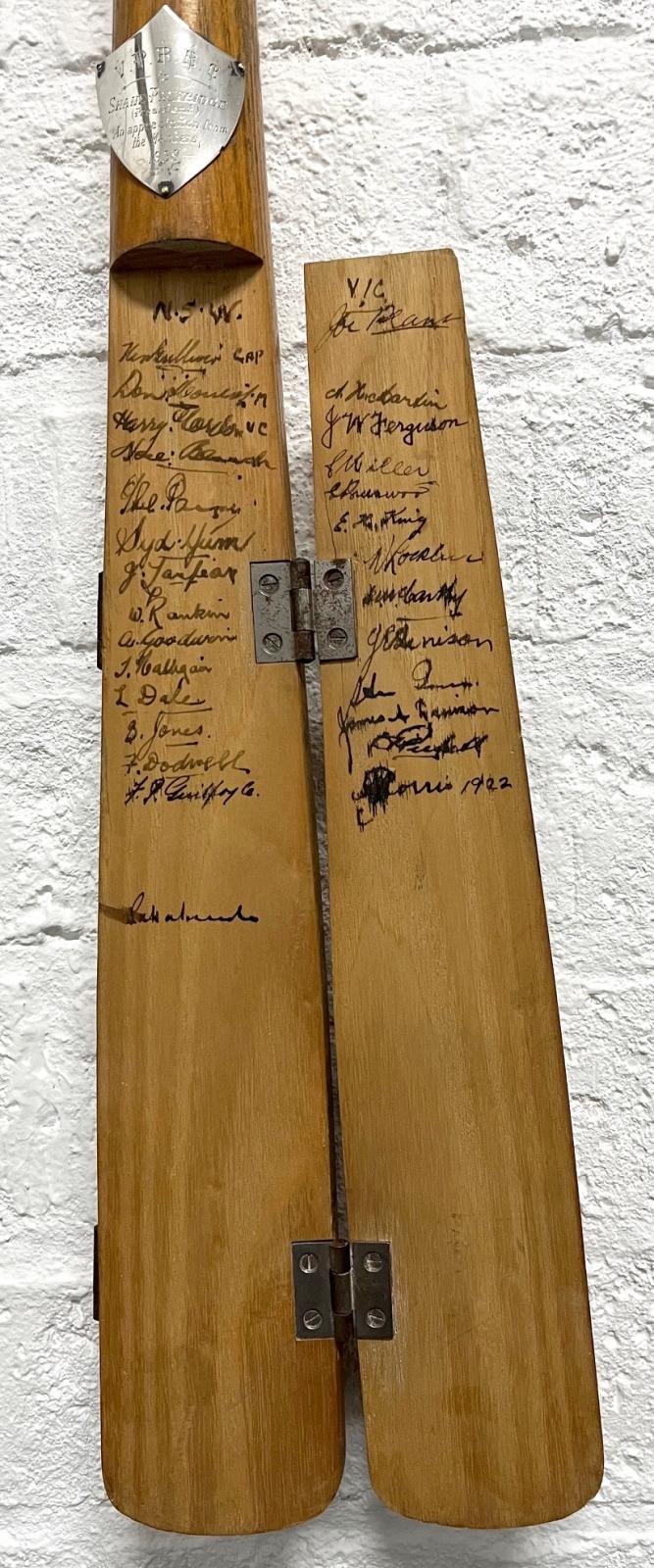 1938 Claxton Shield Series signed split bat – NSW and Victorian players' signatures