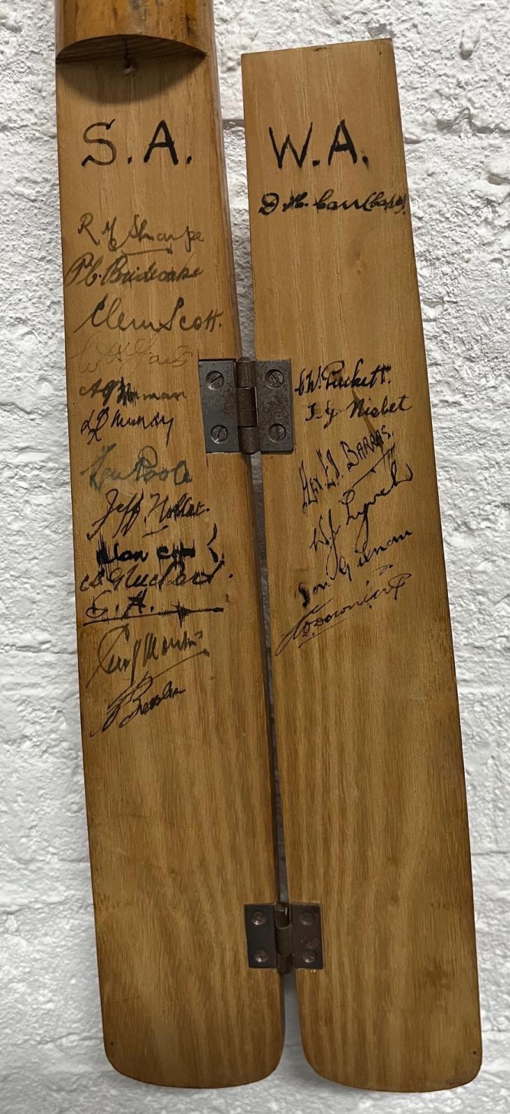 1938 Claxton Shield Series signed split bat – South Australian and Western Australian players' signatures