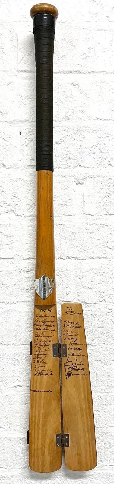 1938 Claxton Shield Series signed split bat presented to Shane Paltridge