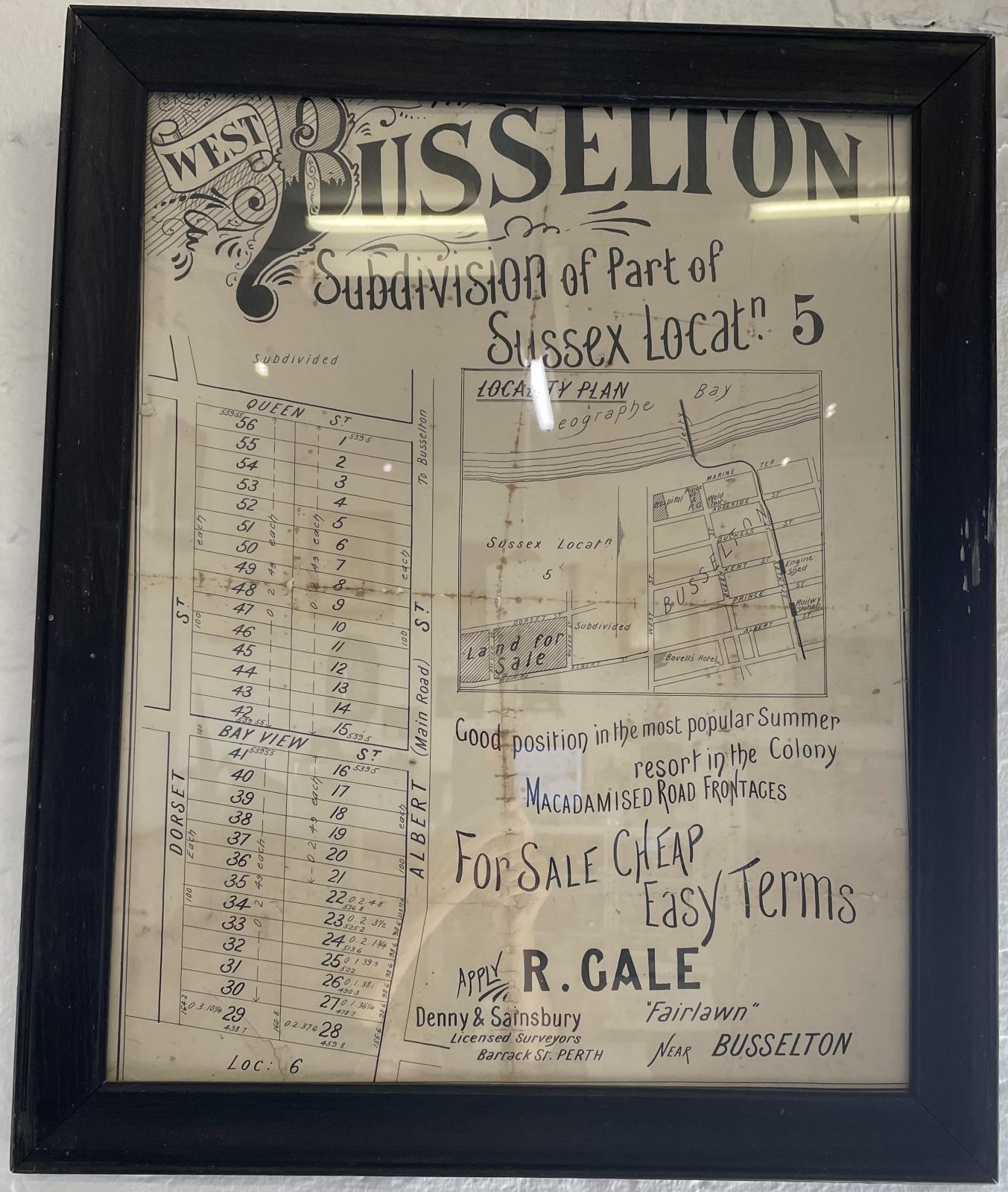 Framed plan for Richard Gale's West Busselton Subdivision