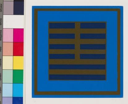 Abstract screenprint depicting dark brown/tan horizontal lines in a dark blue square on lighter blue background