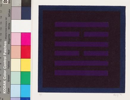 Abstract screenprint depicting dark purple horizontal lines on a maroon background with dark blue margins