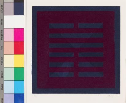 Abstract screenprint depicting dark blue/purple horizontal lines on a maroon background with dark blue/purple margins