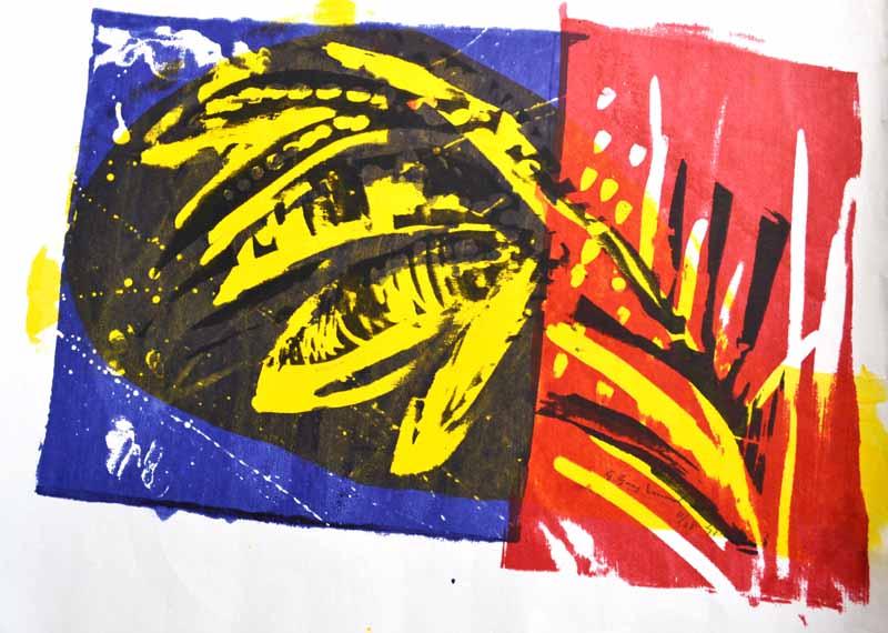 Screenprint showing bright red and blue background with black and yellow abstract leaves