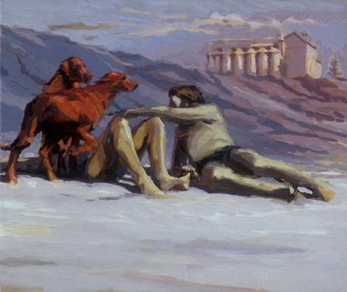 Oil painting depicting a couple and two dogs on Leighton Dog Beach