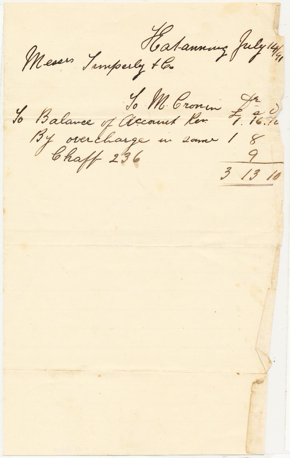 Docket from Tunperly to M. Cronin