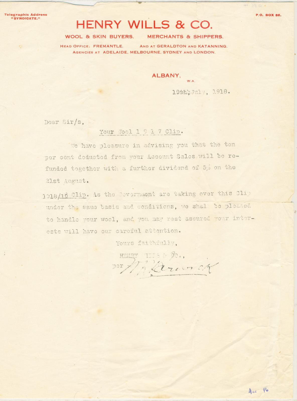 Henry Wills & Co Letter