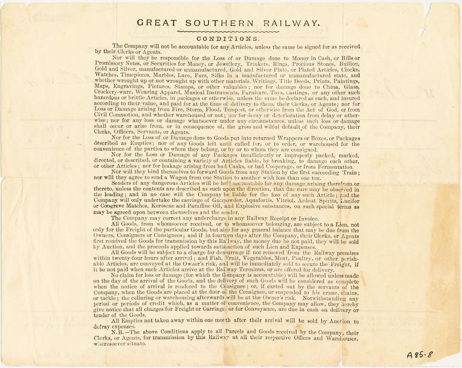 Back of Great Southern Railway Goods Advice Notice