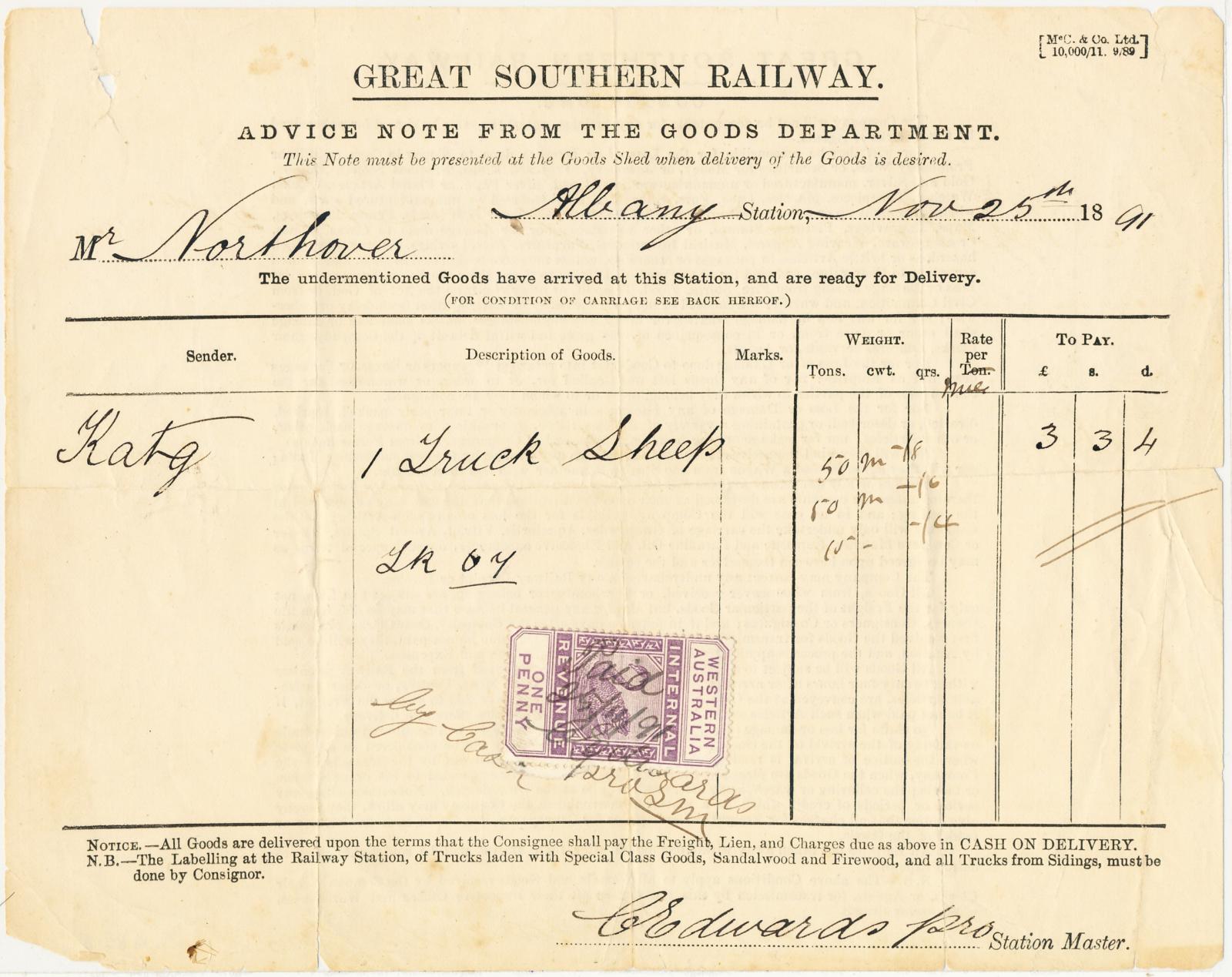 Great Southern Railway Goods Advice Notice