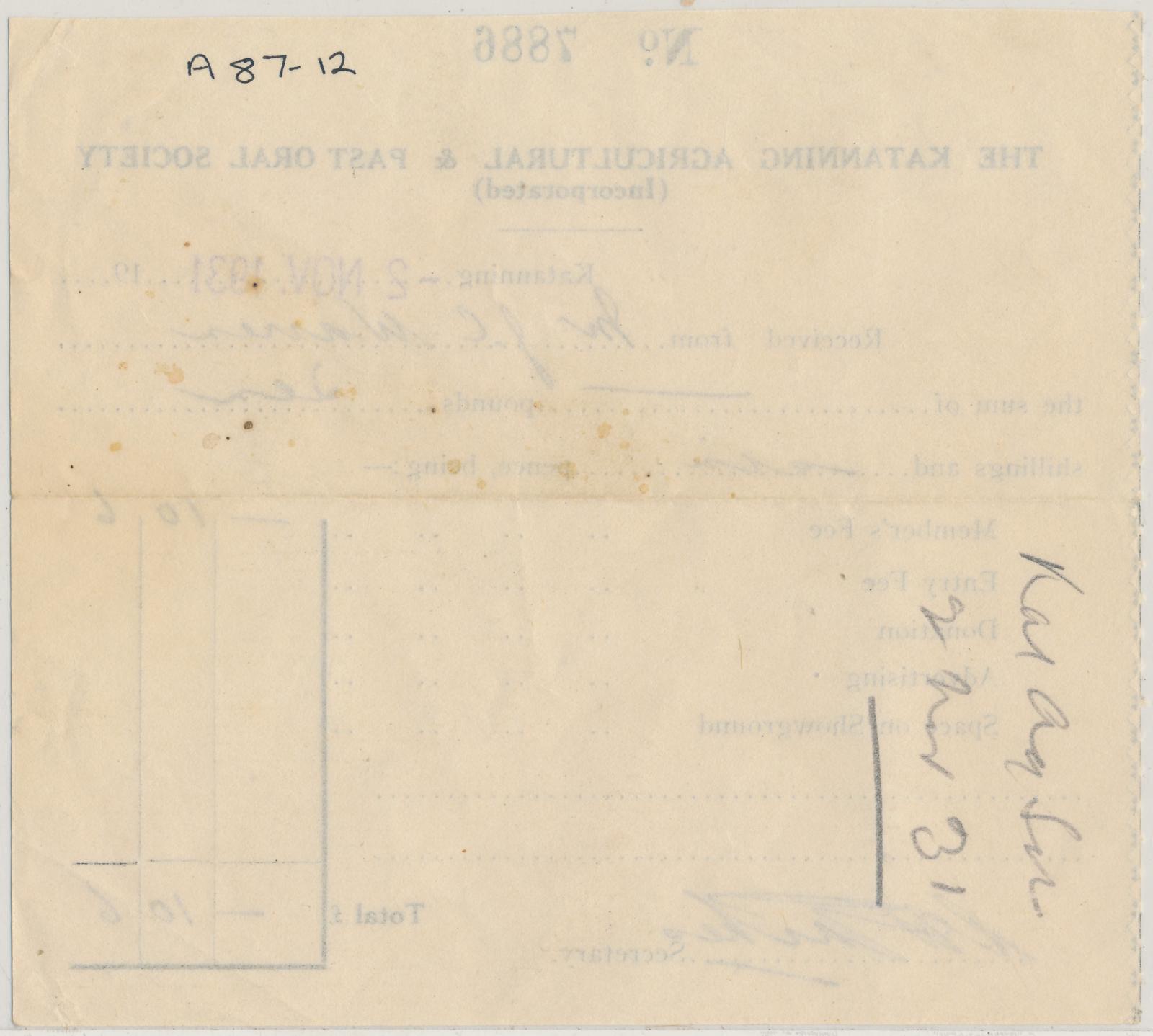 Back of Katanning Agricultural and Pastoral Society Membership Receipt