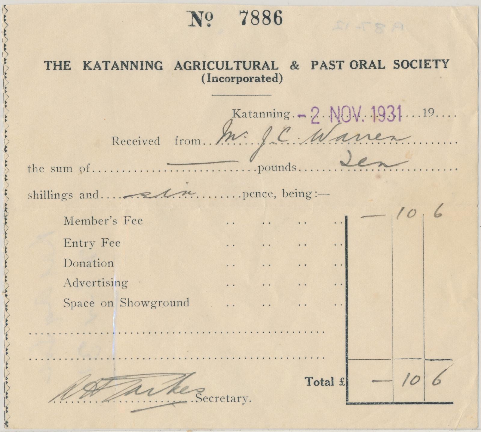 Katanning Agricultural and Pastoral Society Membership Receipt