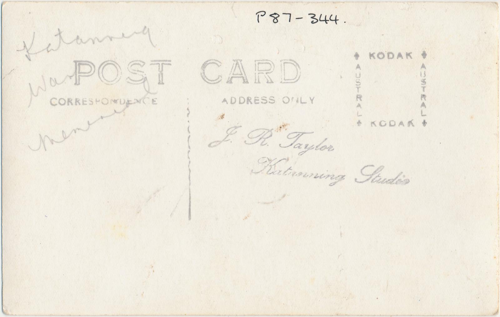 Back of postcard of Katanning War Memorial