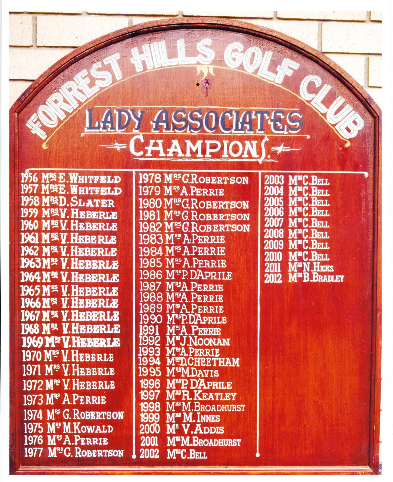 Forrest Hills Golf Club Lady Associate Champion Honour Board