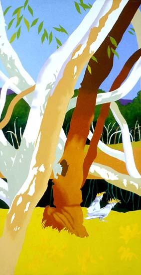 Landscape painting showing white and brown gum trees