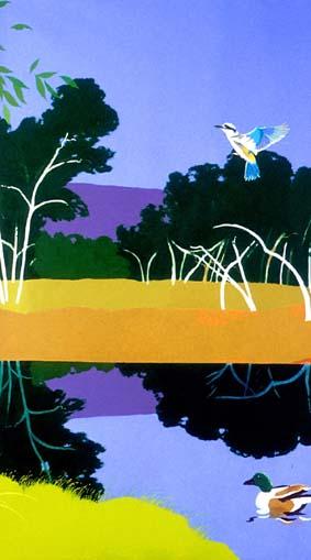 Landscape painting showing purple lake with reflection of green and white trees. Duck swimming in the lake in lower right foreground and blue and white bird flying above the lake centre right