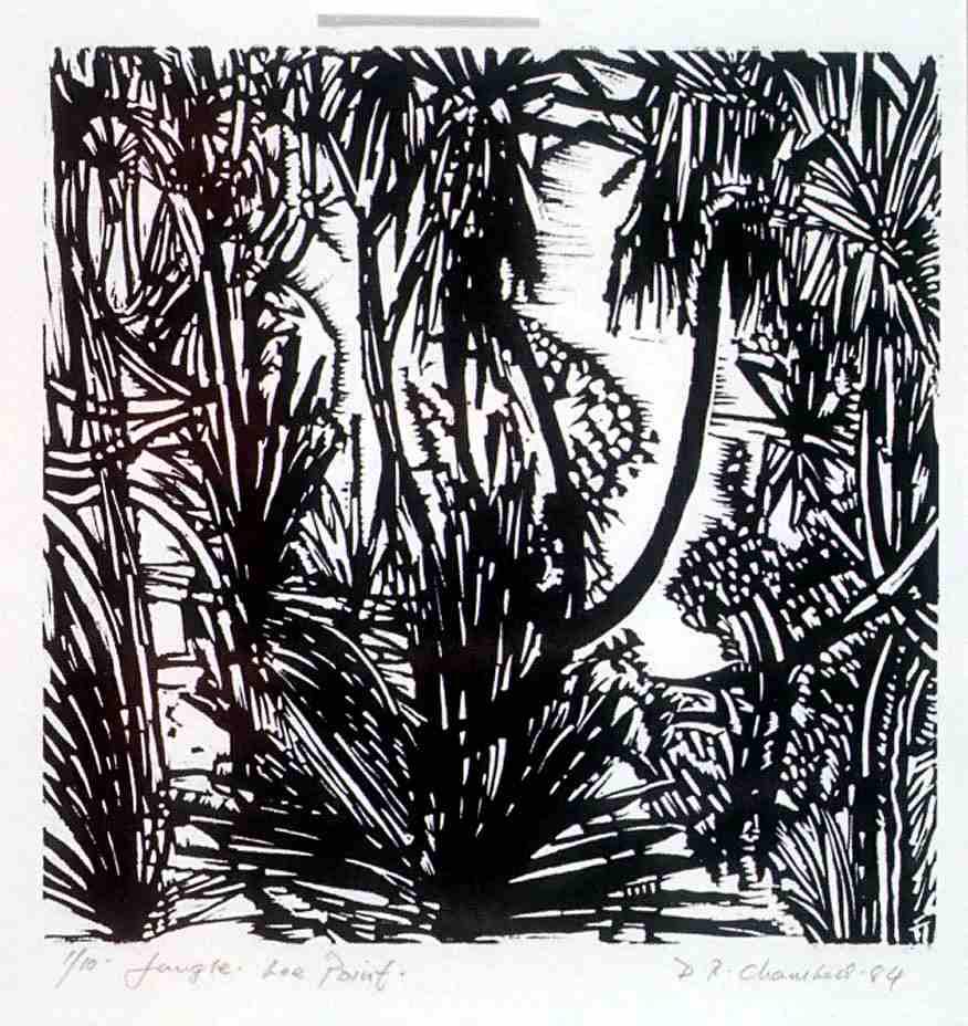 Black and white linocut of jungle foliage