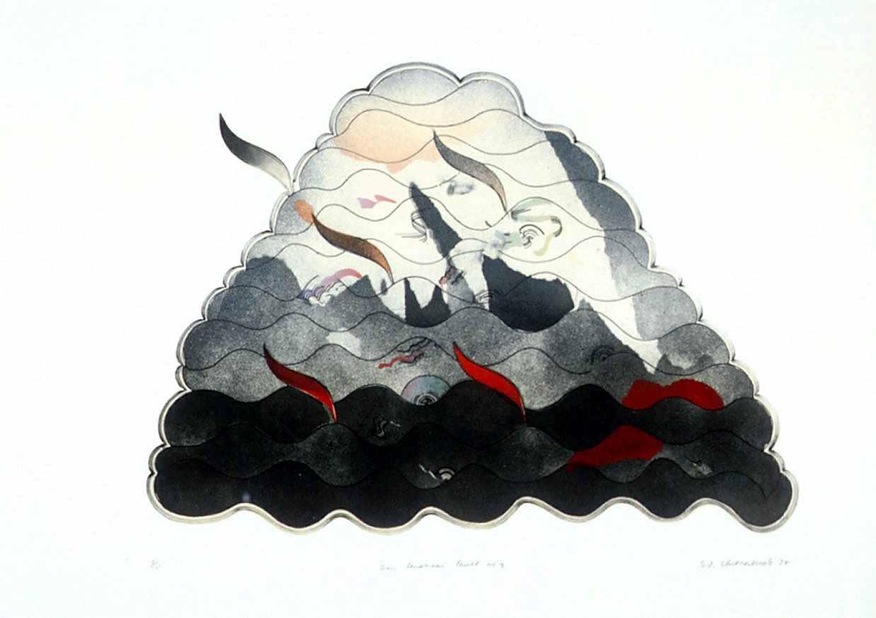 Abstract depiction of a volcano as lumpy triangle shape, the lower third of the triangle is coloured black, the centre is dark grey, and the upper third is light grey. There are red curved lines coming out of the triangle. 