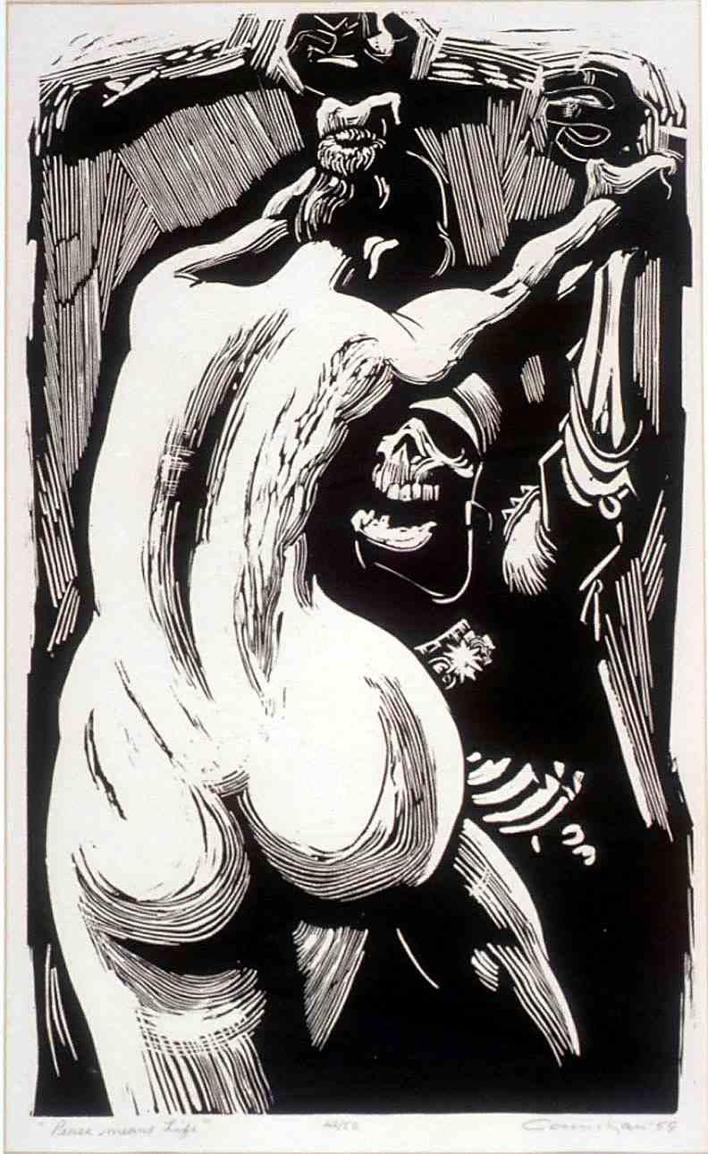 Black and white linocut depicting the back of a nude female figure. There is a skull figure front facing in deep shadow loosely resembling the grim reaper.  