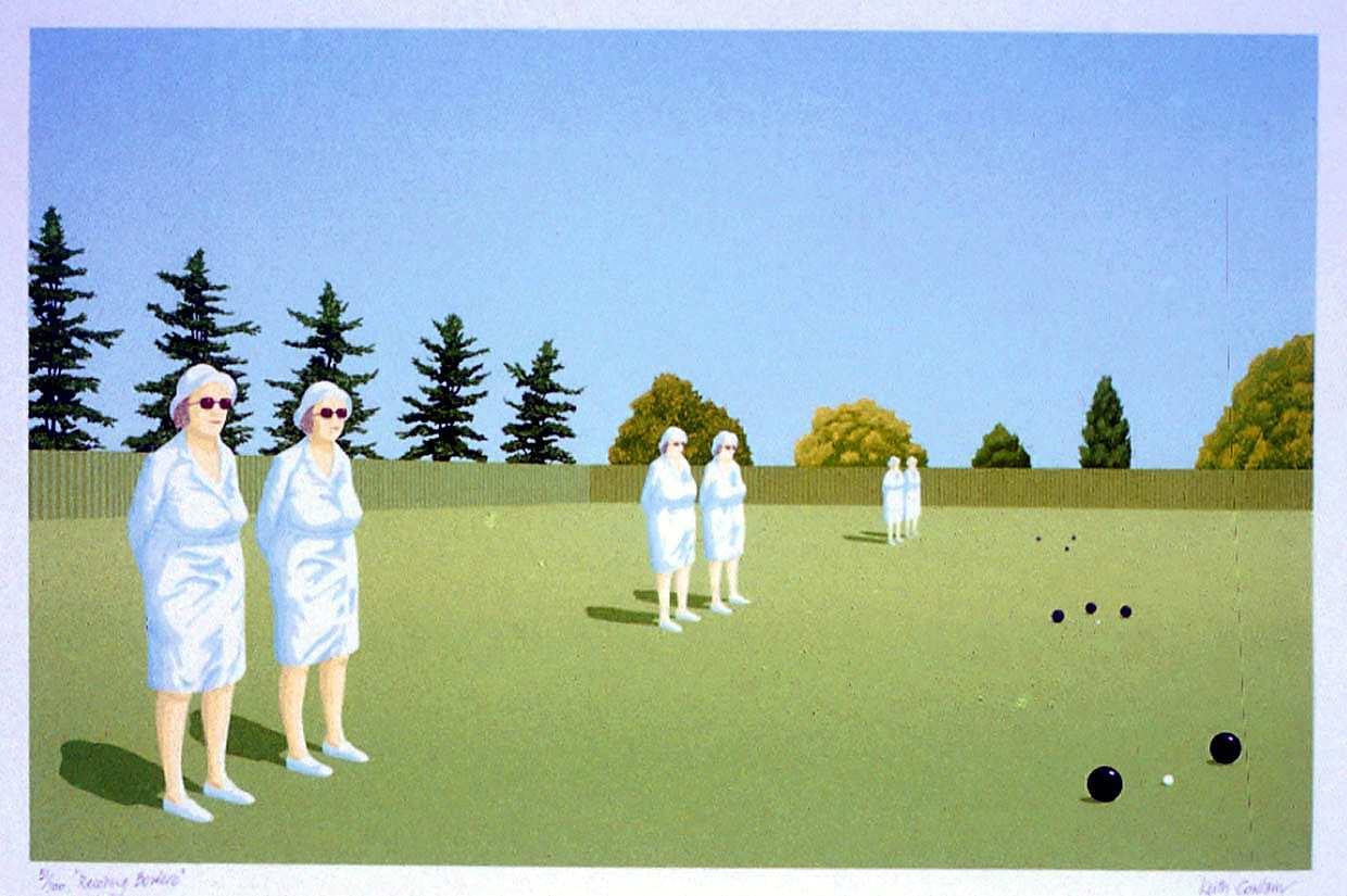 Six identical women wearing white dress, white shoes and white hat standing on bowling green. Green trees in the background on blue sky. Eight black bowls and one white jack on the green lawn on the left of the image. 