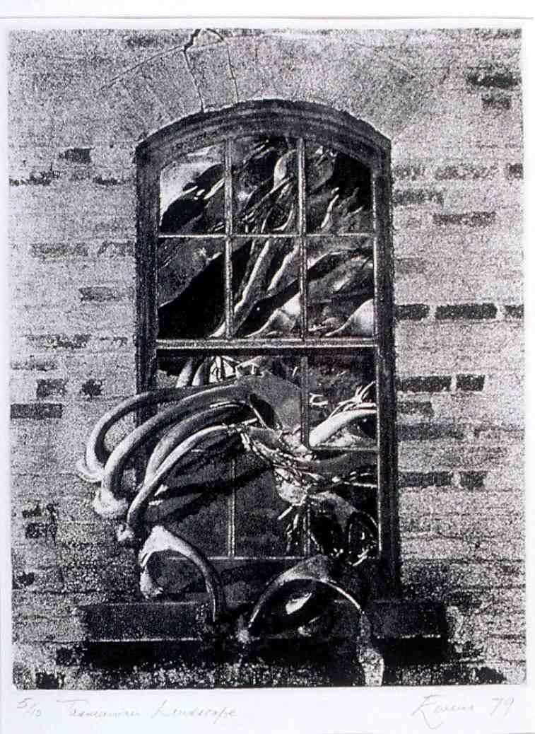 Black and white etching of window on brick wall. Abstract figures shown in the window and reaching out of the window