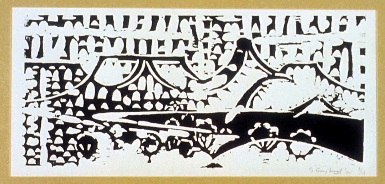 Abstract landscape woodcut in black ink