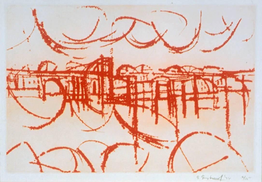 Abstract landscape etching in red/orange ink