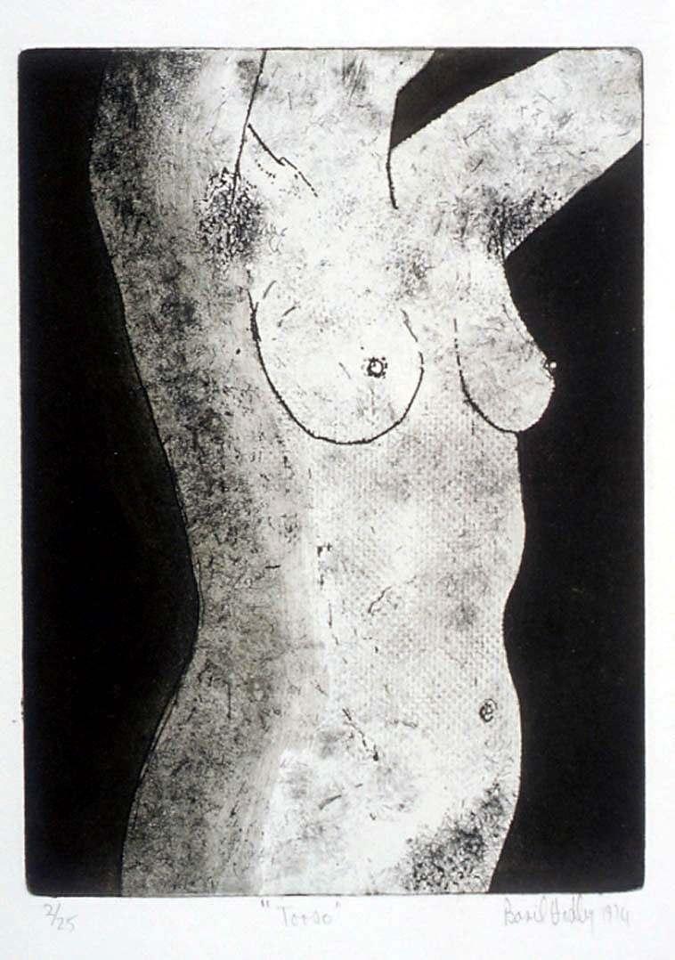 Torse of nude female figure in grey on solid black background