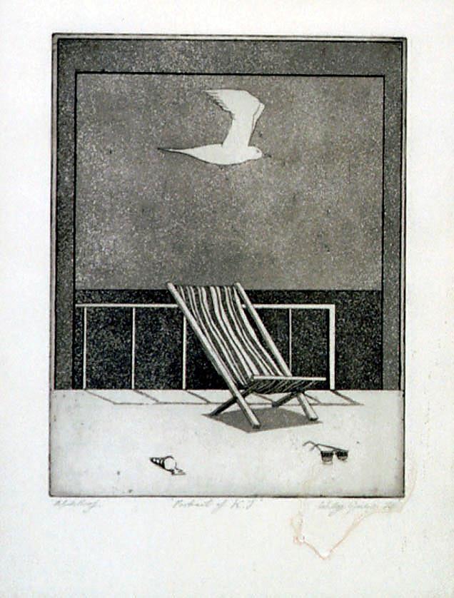 Black and white beach chair on grey sand and black and grey background. White seagull in the upper centre of the image.