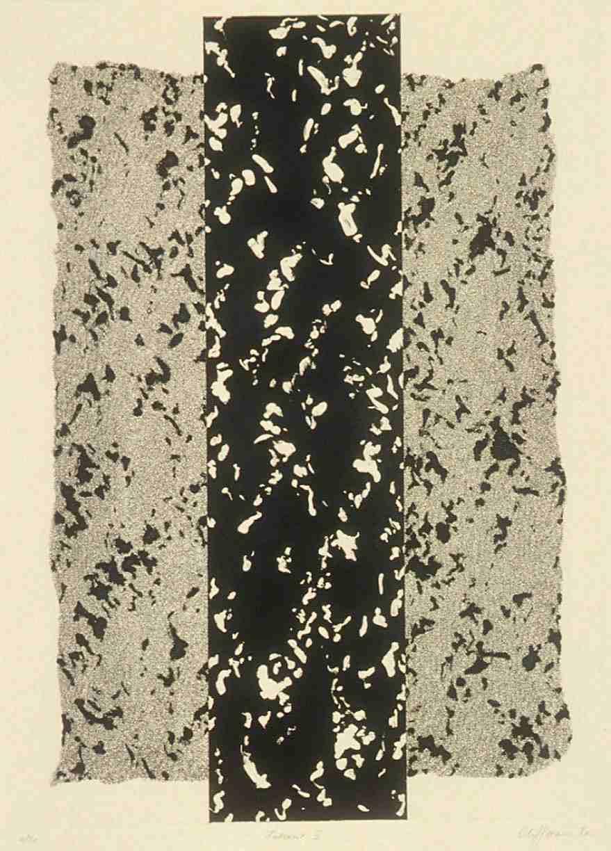 Tan background with black splotches. Thick vertical black rectangle in the centre of the image with tan splotches inside