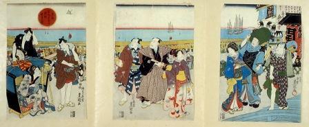 multicoloured three panels of Kabuki actors in street scene with ocean/lake in the background