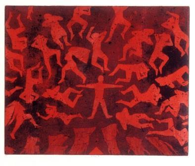 Red silhouettes of figures in various poses on darker red background