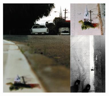 Image of pavement from height of the curb with view of the back of a white car, The right of the image has a black and white top-down view of pavement with top-down view of a person's black dress shoes and pants