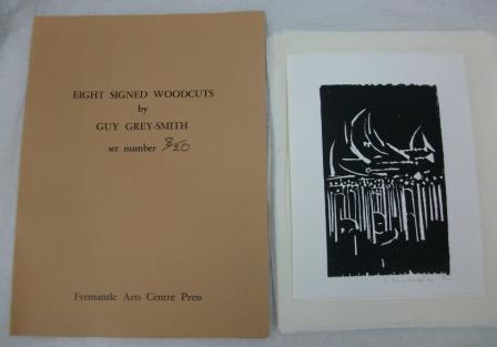 Front cover of folio with typed title on the left side of the image. Right side image shows a black and white woodcut print 