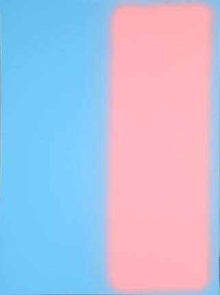 Painting with sky blue background and large pink stripe on the right of the image