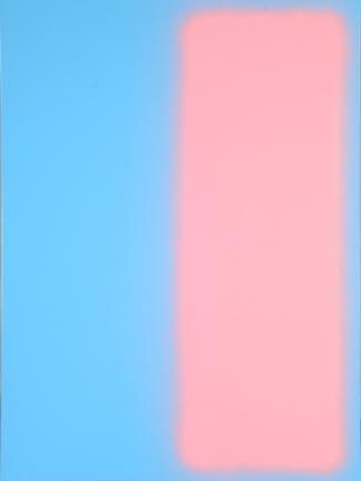 Painting with sky blue background and large pink stripe on the right of the image