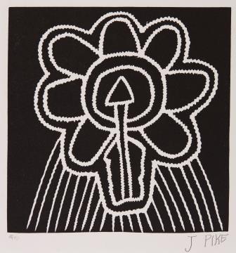 Black and white Aboriginal artwork. Flower outline in white with arrow in the centre and vertical lines below the flower