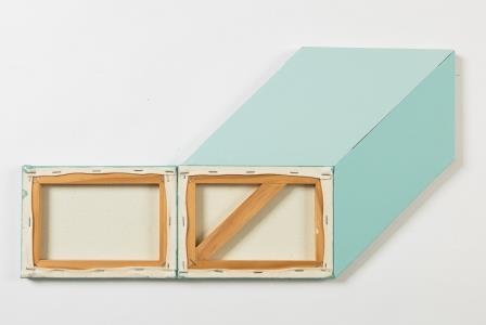 Light blue 3D rectangle with backs of two white canvas in the centre and left of the image