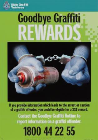 anti-graffiti poster, bright green background with handcuffed blue hands holding spray can, with the text "Goodbye Graffiti Rewards" at the top of the image